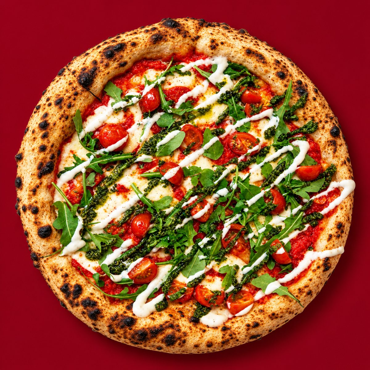 Pizza napoletana con rúcula, pesto y tomate cherry